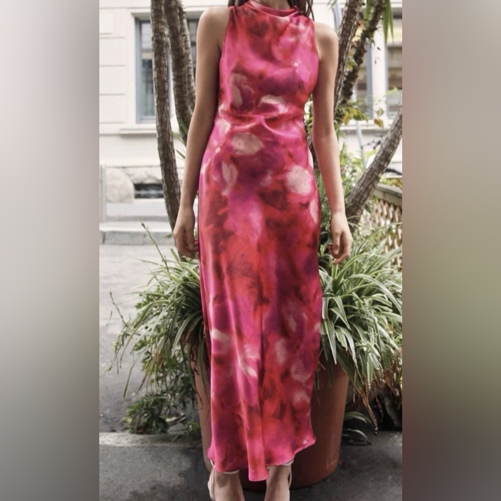 ZARA PRINTED SATIN DRESS FUCHSIA FLORAL